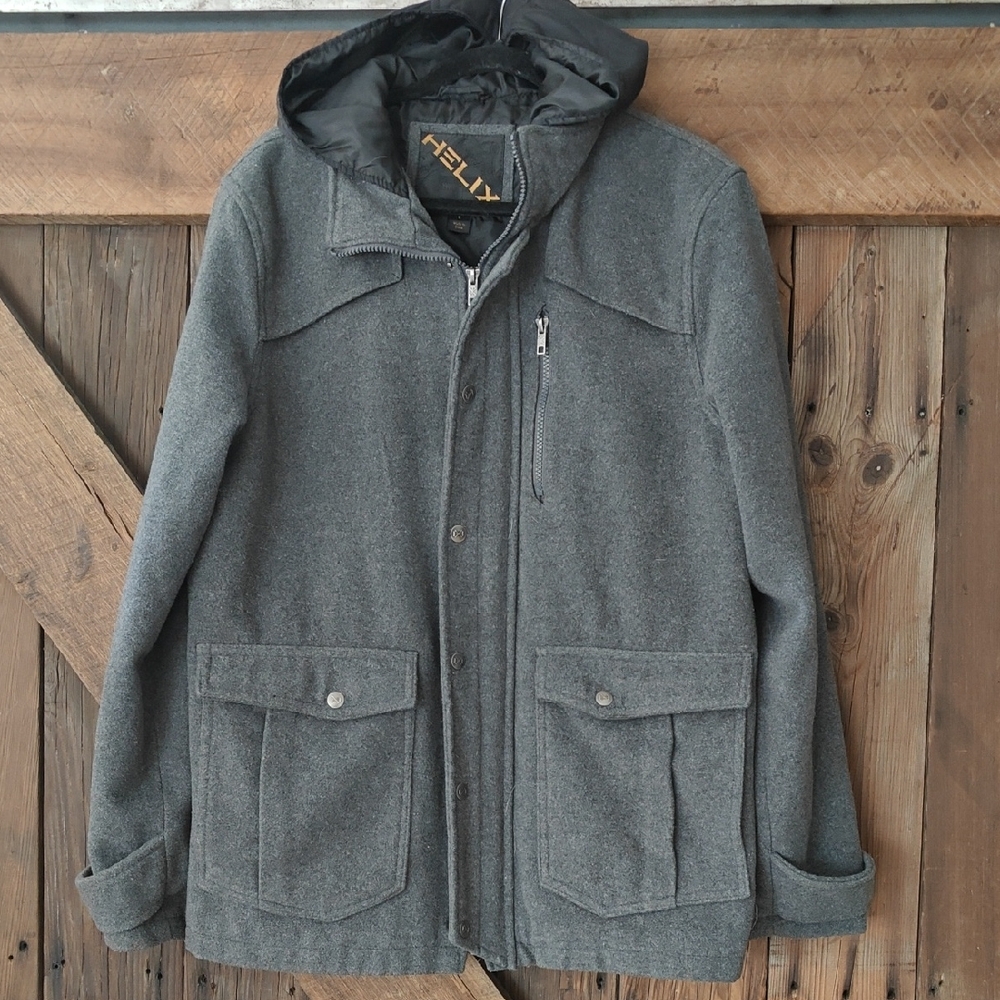 Men's Helix Charcoal Gray Hooded Wool Blend Coat Jacket L